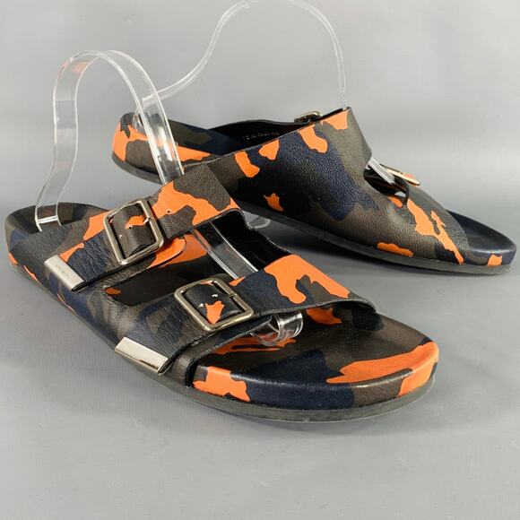 GIVENCHY Size 11 Black Green & Orange Camouflage Leather Slide Sandals - Picture 1 of 8